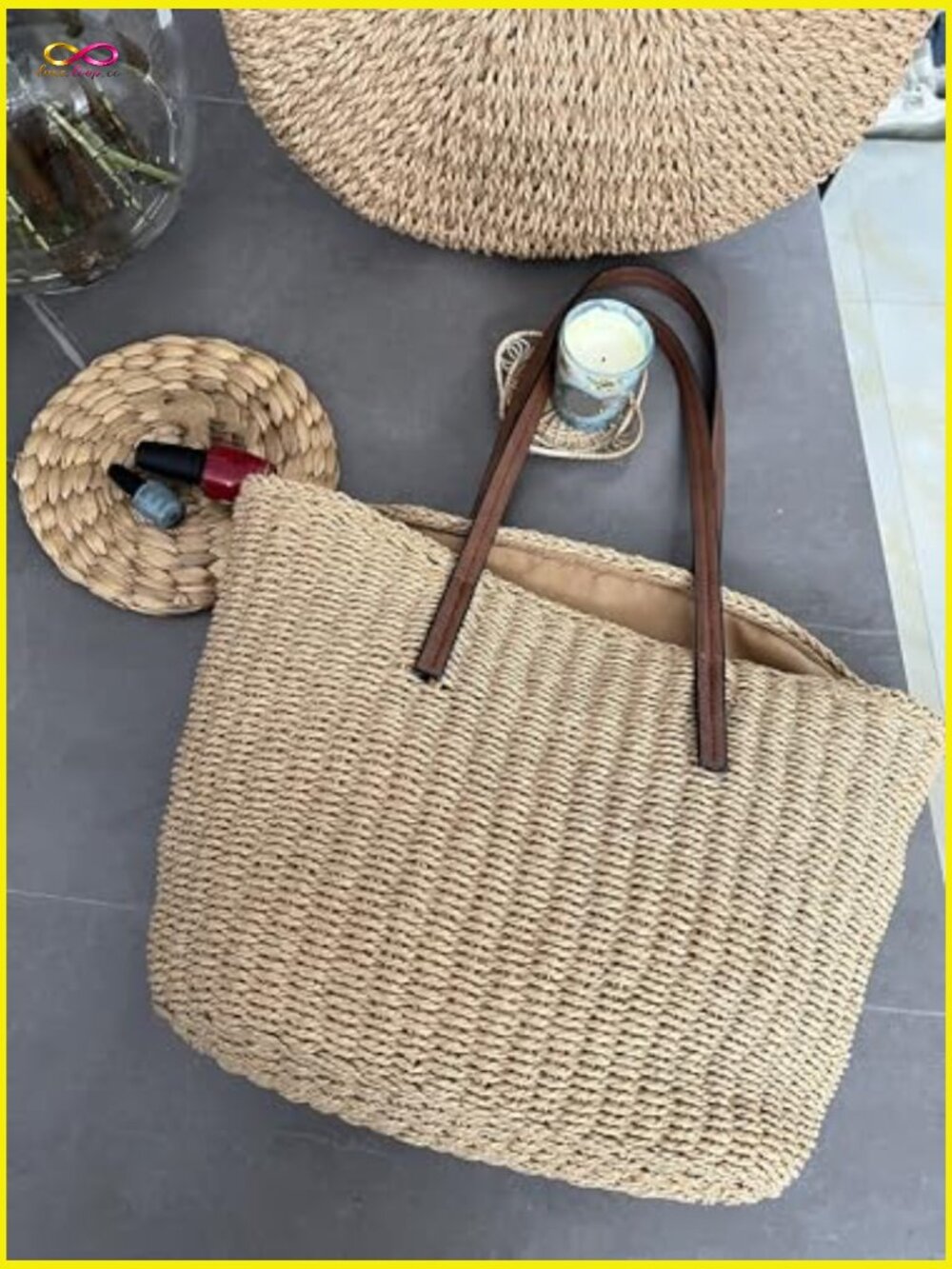 Straw Tote Bag Handwoven Summer Travel Shoulder Bag Midi Size Chic - Picture 3 of 7